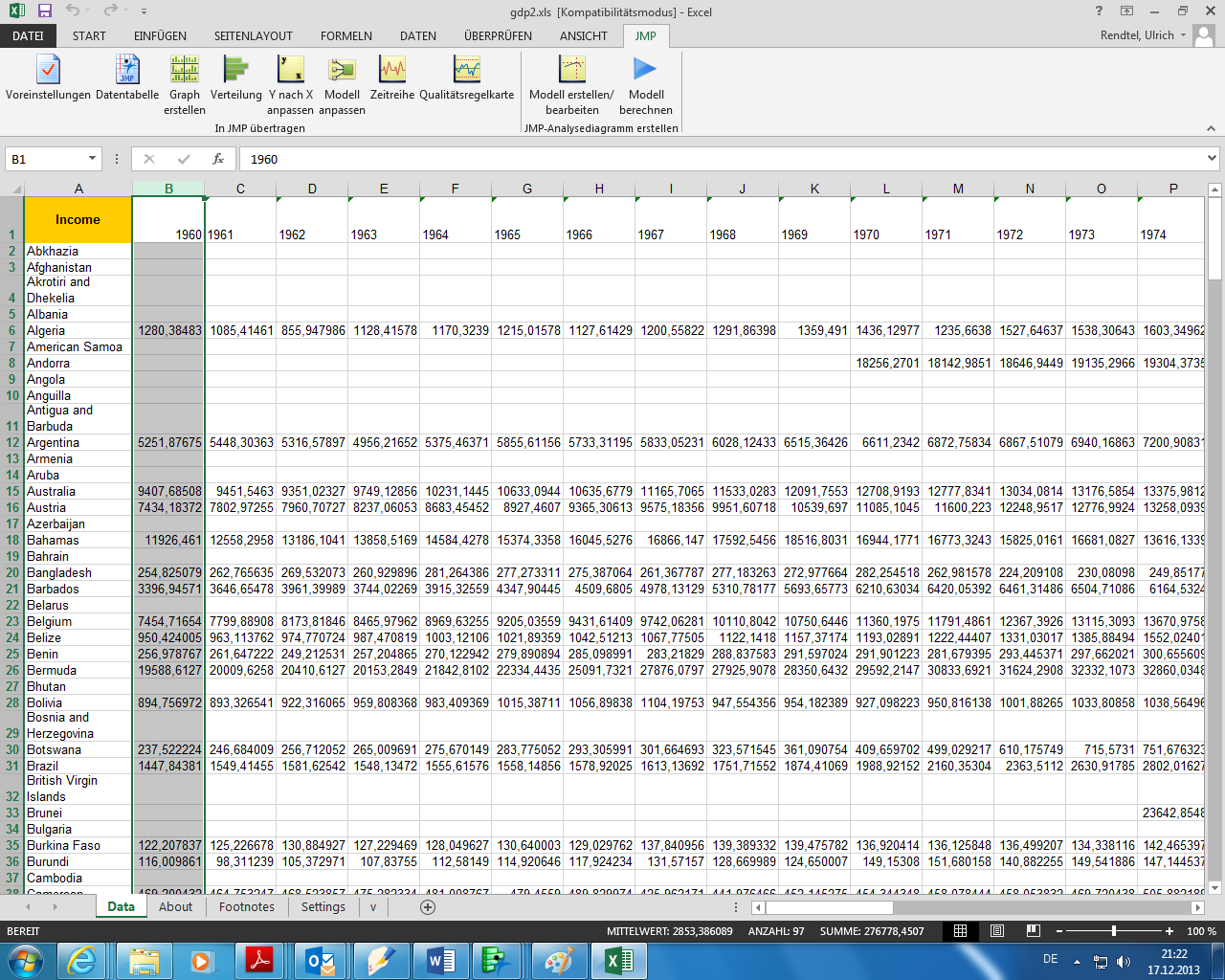 Excel-Bildschirm mit importierter JMP Task-Leiste